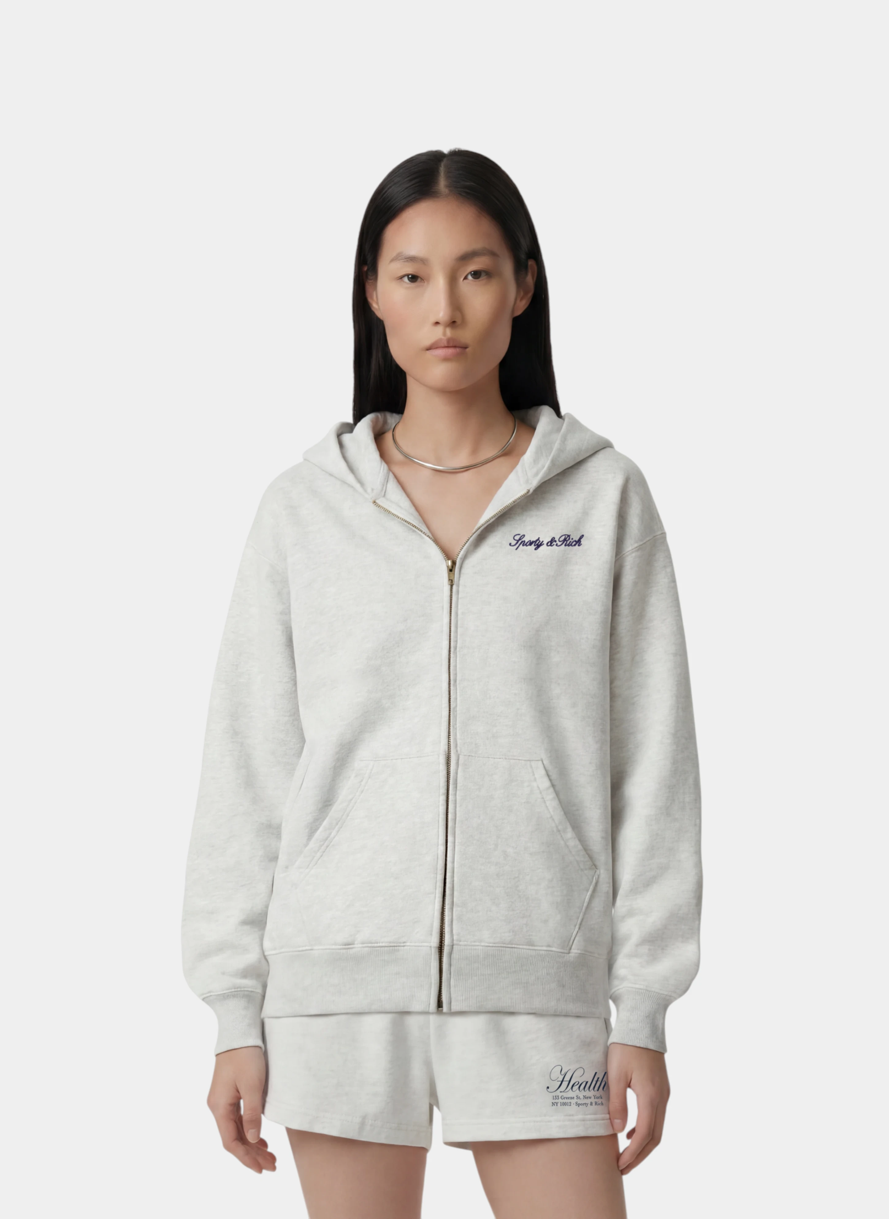Худи на молнии Signature Logo Embroidered Zip Hoodie Heather Gray/Light Navy