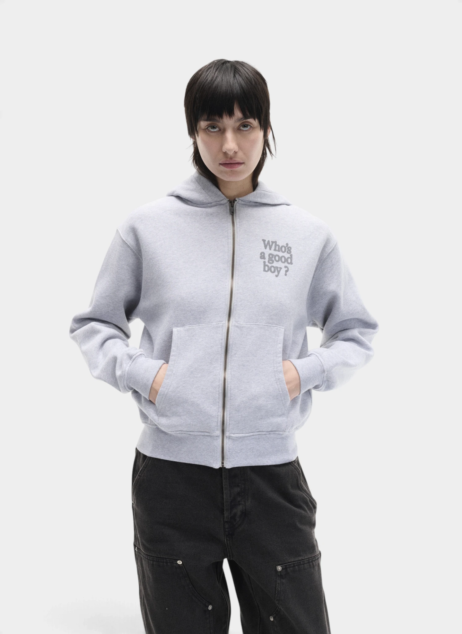 Худи на молнии Who's a good boy? Zip Hoodie Melange Grey