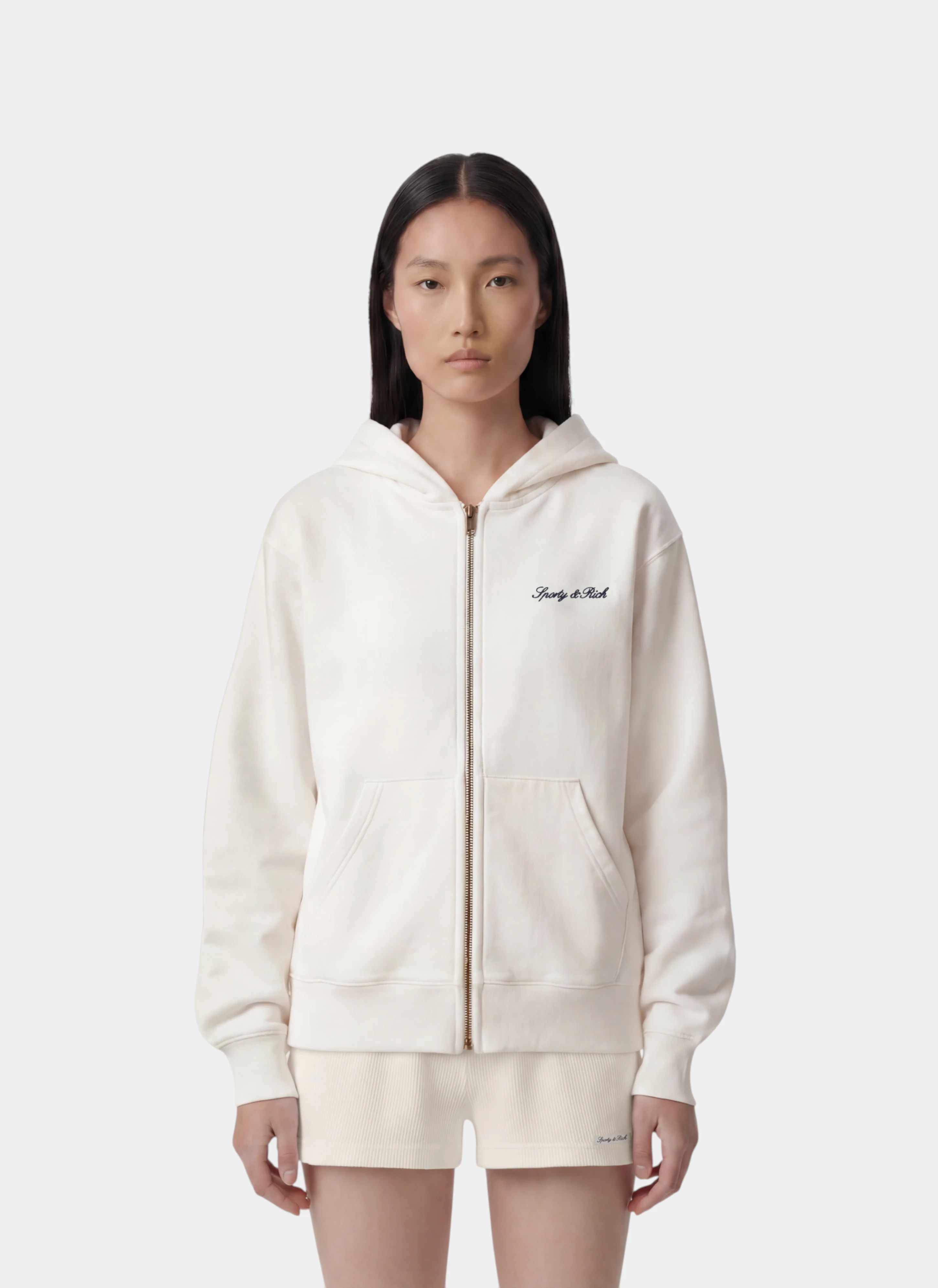 Худи на молнии Signature Logo Embroidered Zip Hoodie Ecru/Light Navy