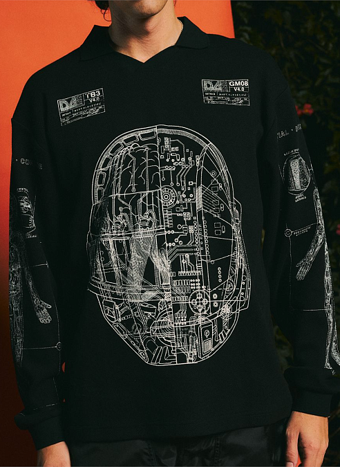 Поло Pleasures x Daft Punk Schematic Long Sleeve Polo Black